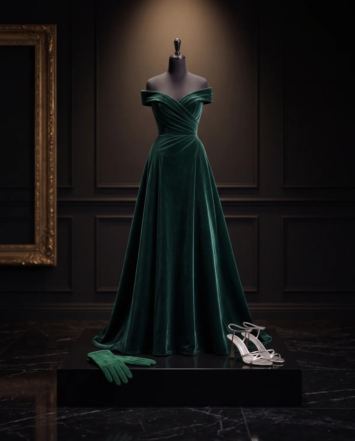 The Emerald Gala: the complete outfit on a mannequin