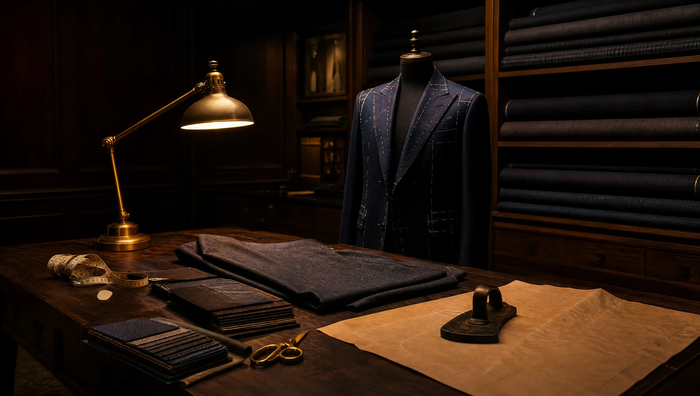 A tailor's cutting table with cloth, chalk and scissors under a warm lamp