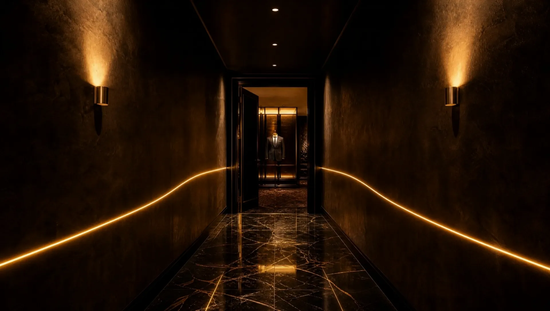 A dark corridor with warm gold light leading to a lit dressing room