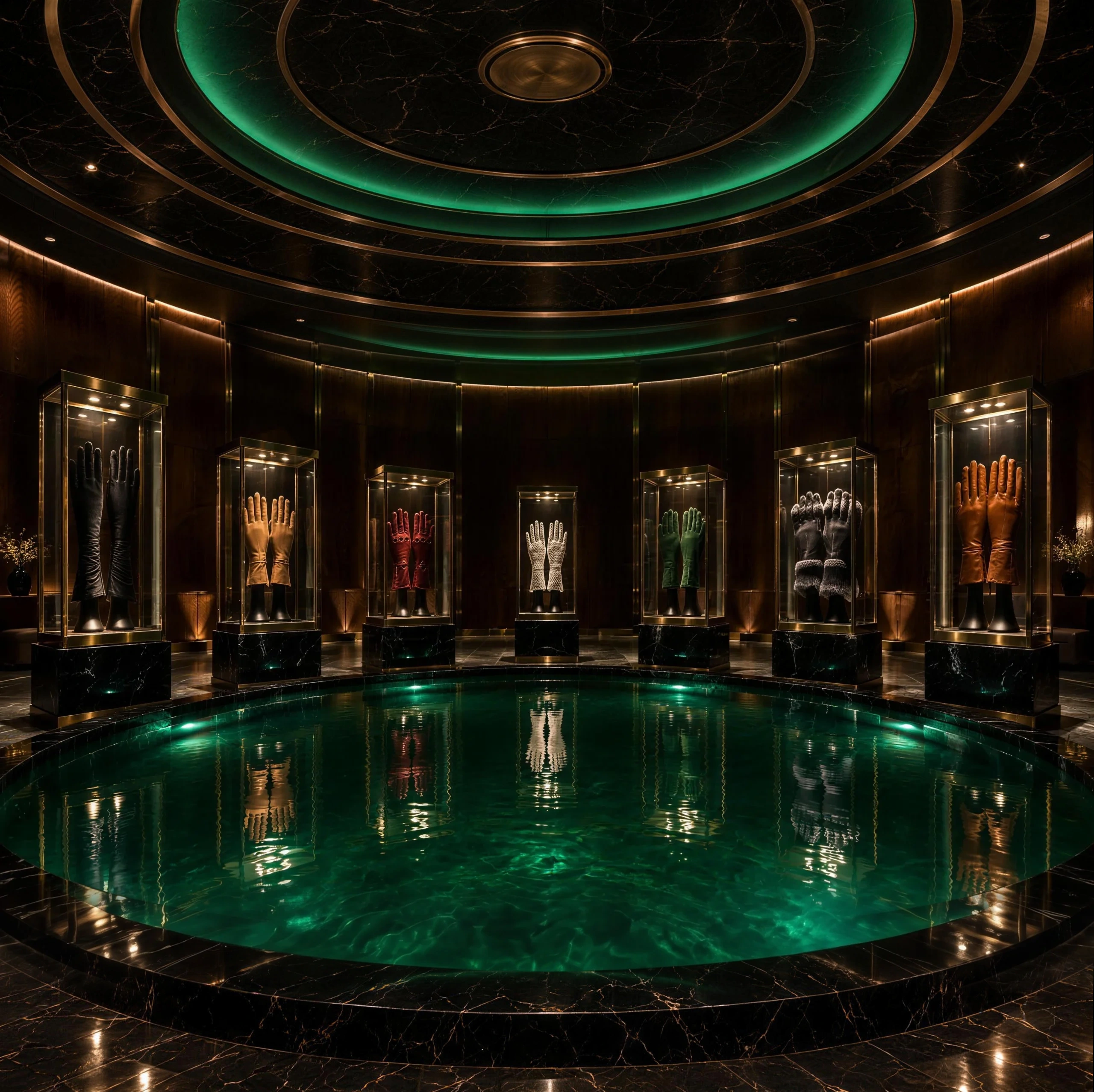 A dark glove salon around a round pool lit in emerald green, with seven lit glass vitrines holding luxury gloves in a half circle behind the water