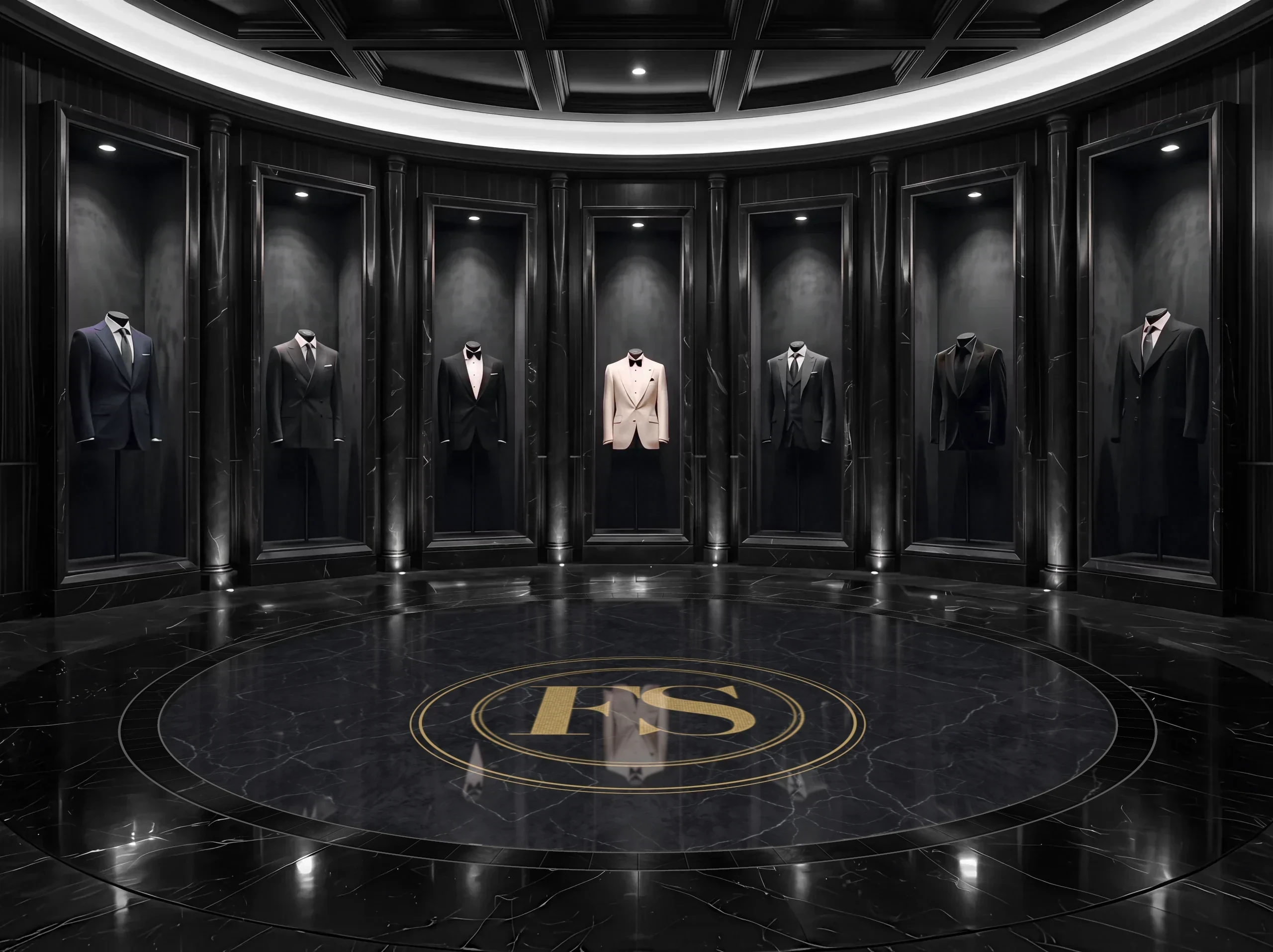 A gentleman's salon in black-stained ebony and black marble with seven marble-framed niches, each suit lit from above by a single white spotlight, around a round pool of clear water over black nero stone and a gold mosaic FS medallion