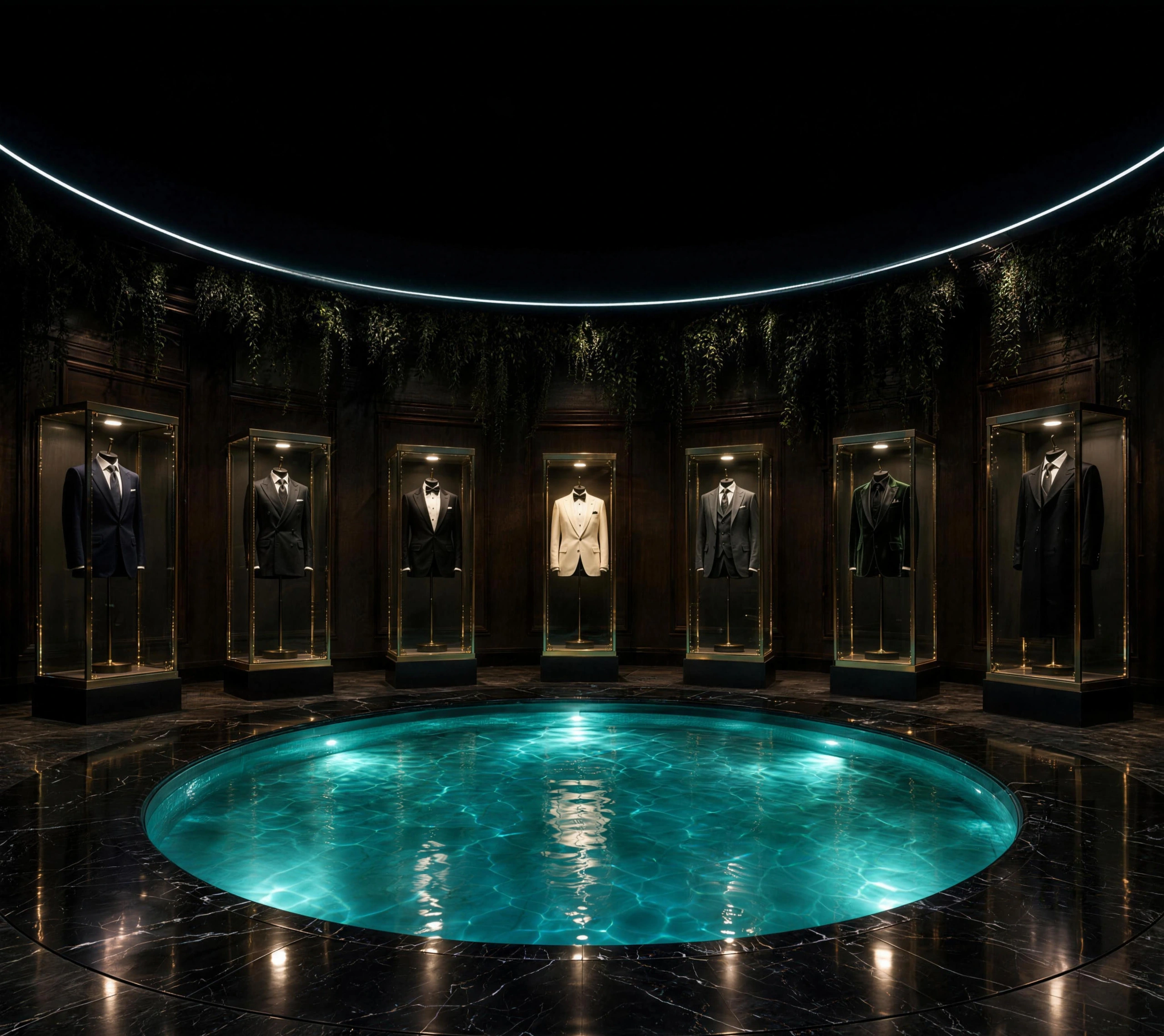 A dark showroom around a round pool lit in turquoise, with seven lit glass cases holding men's suits in a half circle behind the water