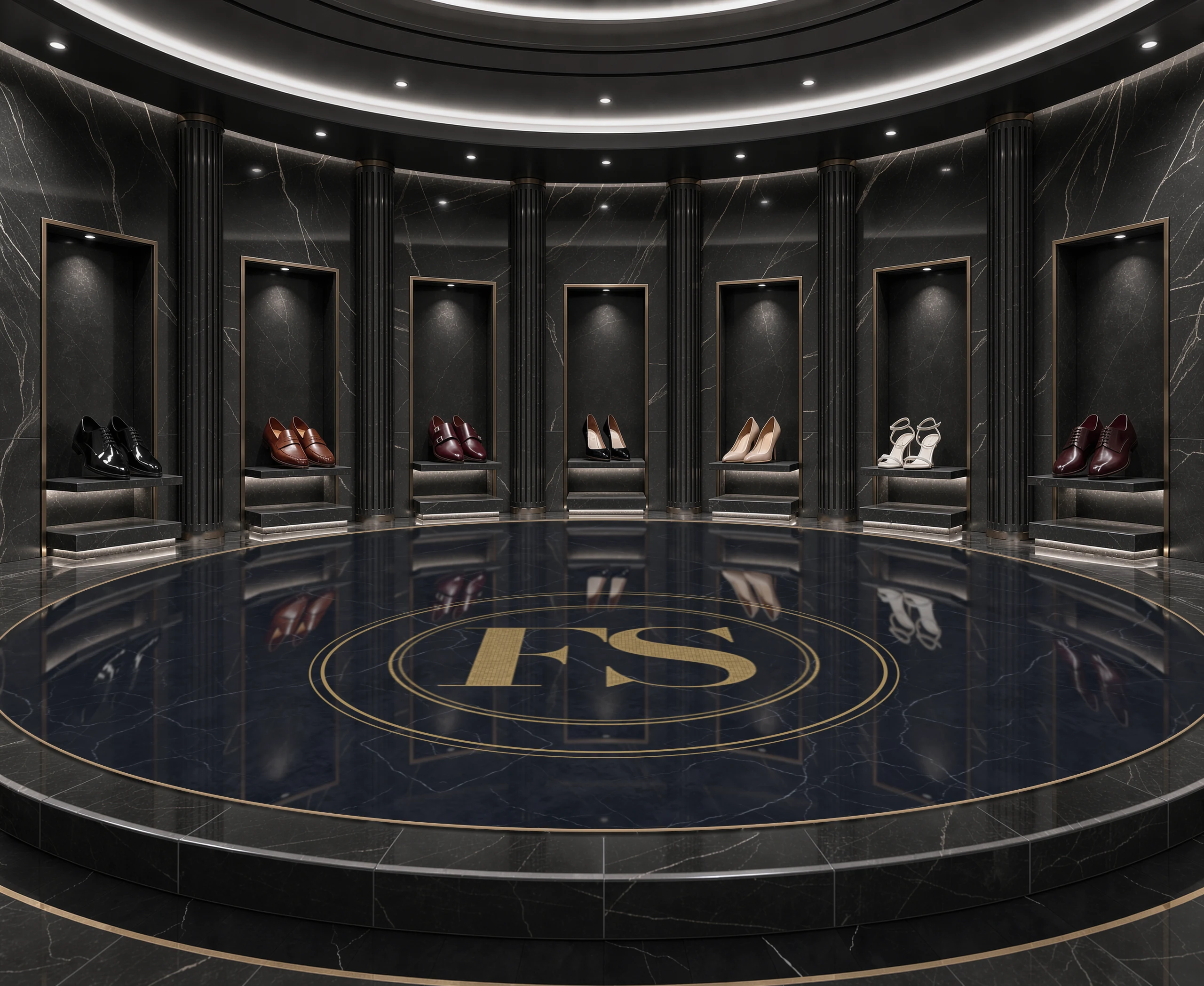 A dark shoe salon in black Nero marble with fine grey veining: a round rotunda with fluted black pilasters and a white light line in the dome, seven recessed niches with thin brushed-brass frames, each pair of shoes alone on a black stone shelf under one white spotlight, around a raised round pool of dark clear water over black stone and a gold mosaic FS medallion, on a polished black marble floor with brass rings