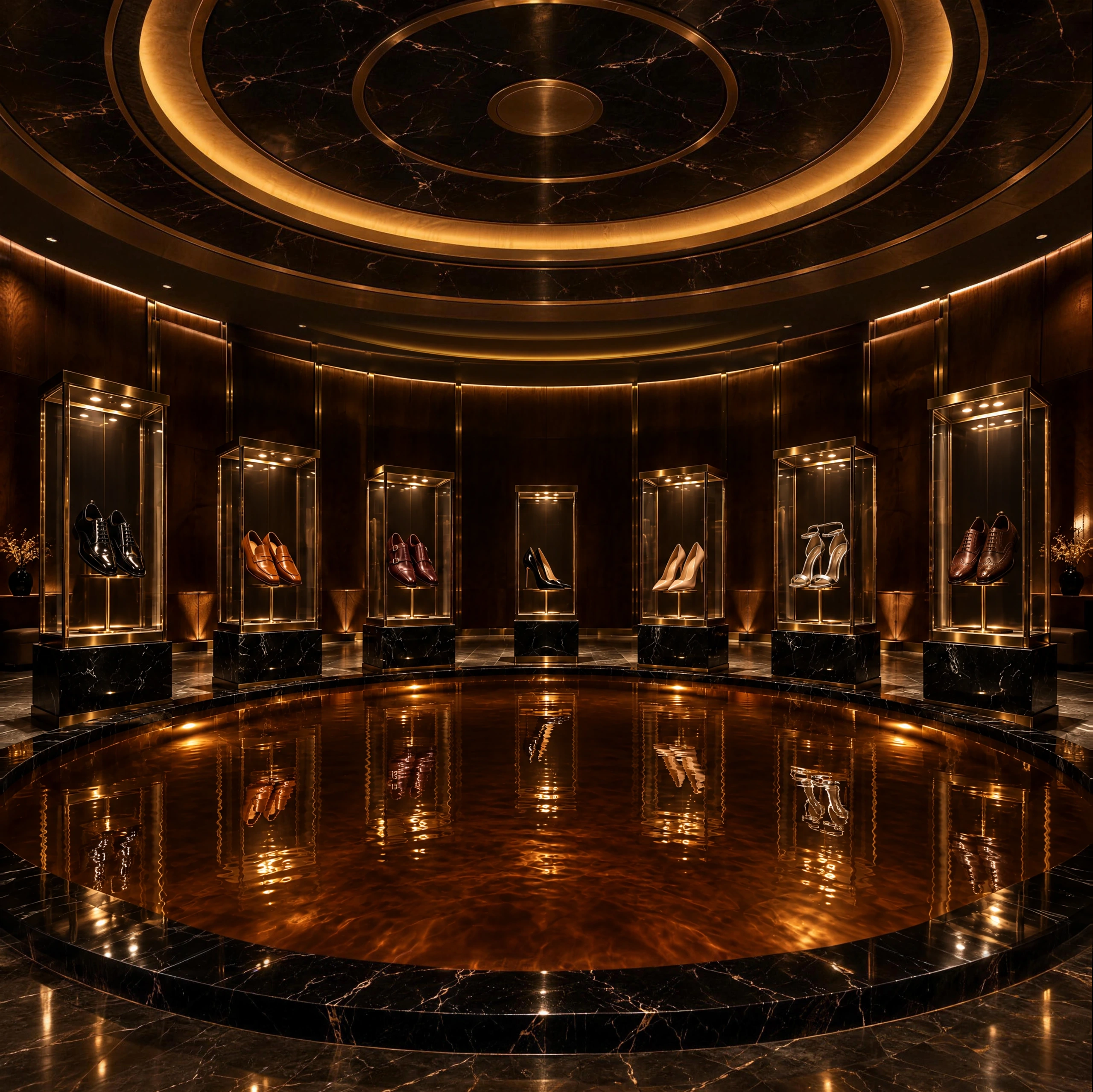 A dark shoe salon under a round black marble ceiling, around a round pool of deep cognac-brown water, with seven lit glass vitrines holding luxury shoes in a half circle behind it