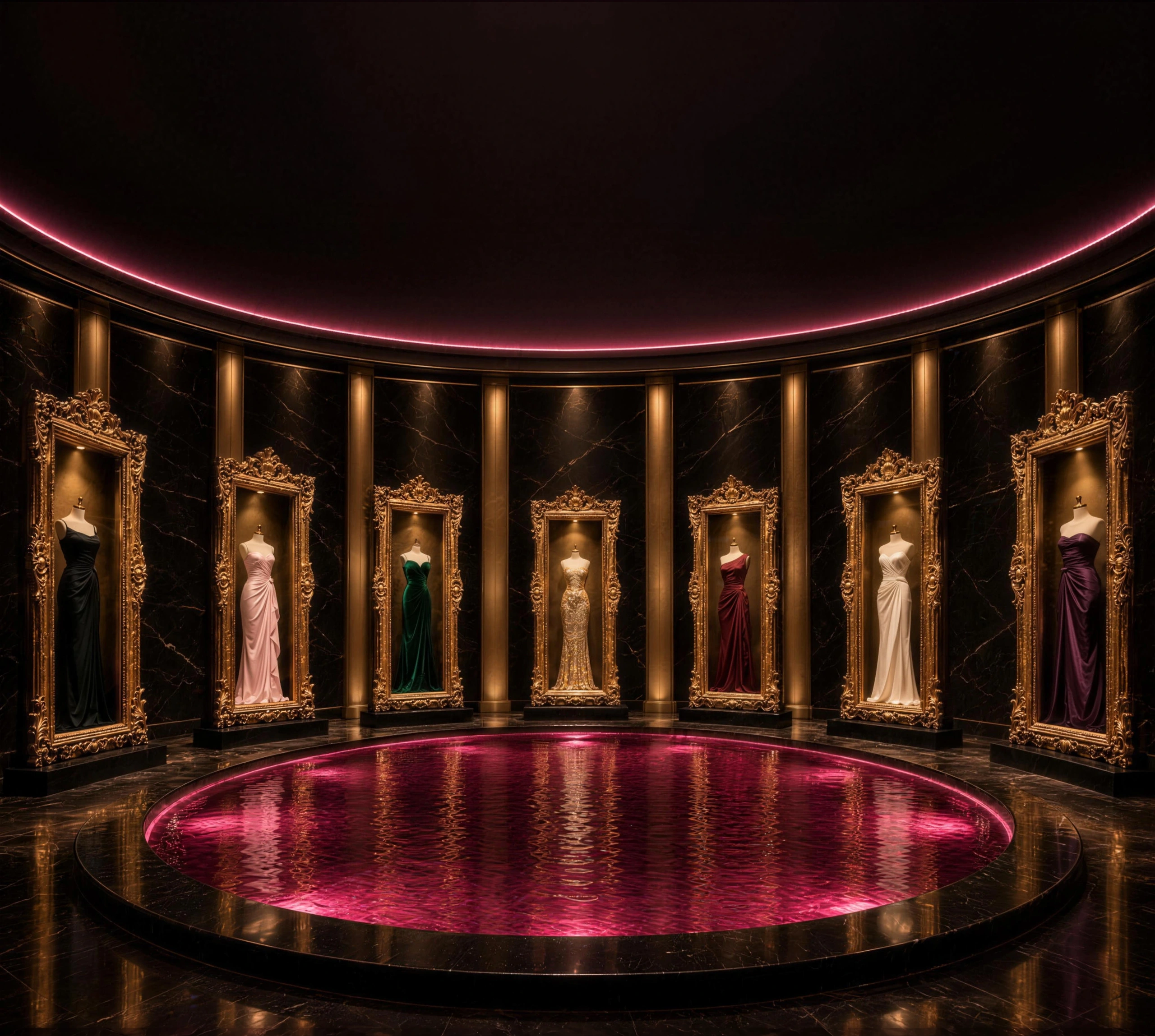 A dark salon around a round pool lit in pink, with seven gilded frames holding evening gowns in a half circle behind the water