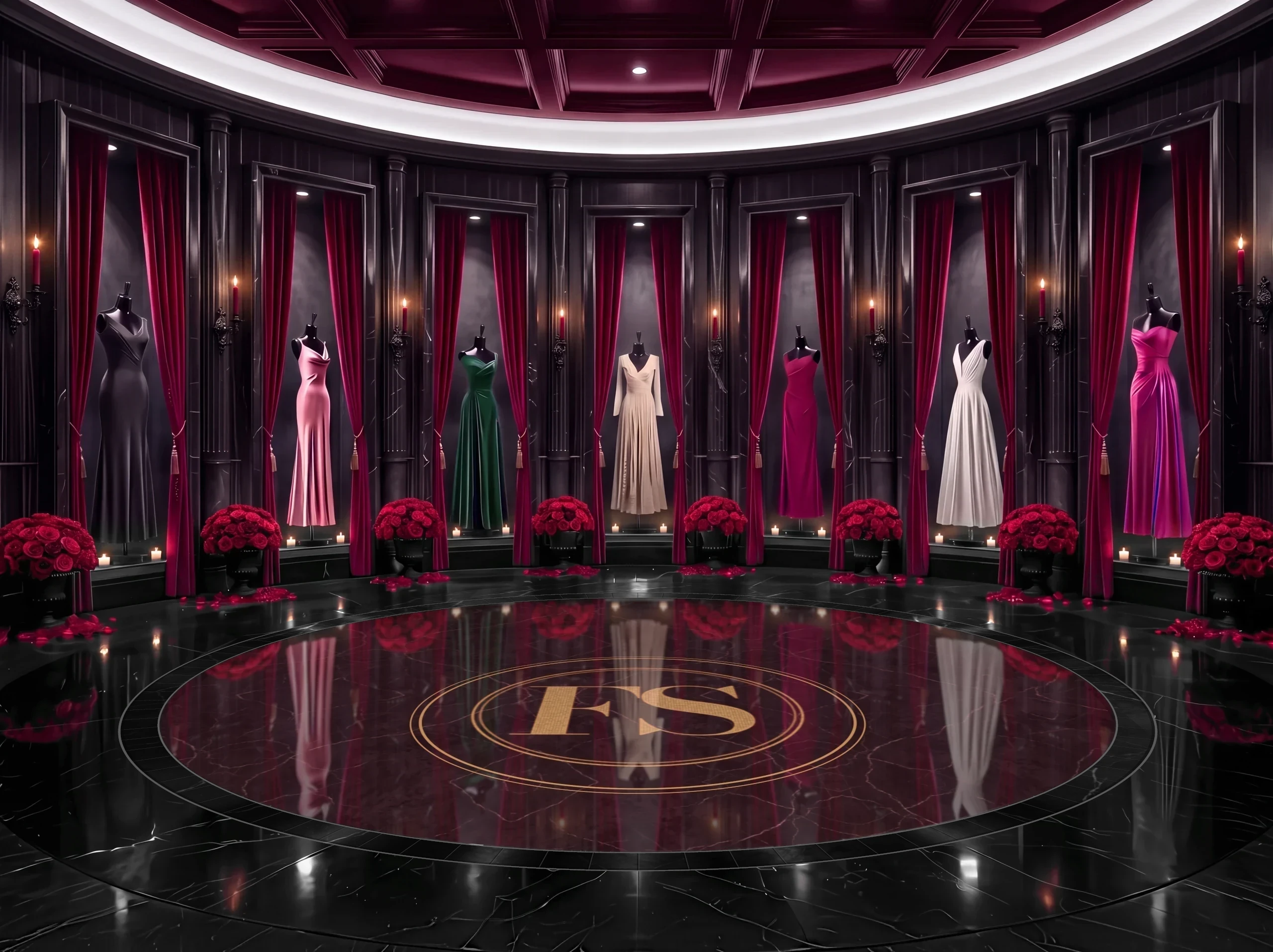 A couture salon in black marble with fluted columns and seven black-framed niches, each evening gown on a dress form between drawn-back deep-red velvet curtains, a black wall sconce with a red taper candle on every column, tea lights on the ledges, full bowls of red roses at the foot of every bay, a crimson coffered ceiling with a ring of light, around a round pool of clear red water over black nero stone, on a charcoal black marble floor and a gold mosaic FS medallion